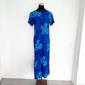 Vintage Boho Beach Summer Coconut Girl Blue Hawaiian Floral Tropical Maxi Dress